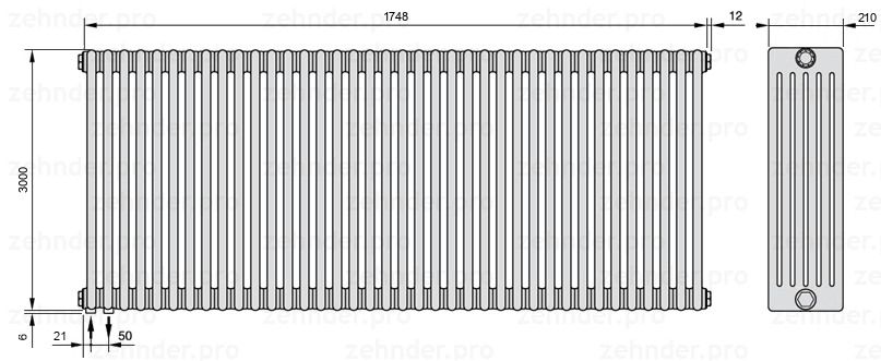 Схема (чертеж) Радиатор Zehnder Charleston 6300/38 №3370 Белый глянцевый RAL 9016